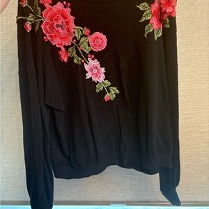 Black Sweater with Red Floral Embroidery